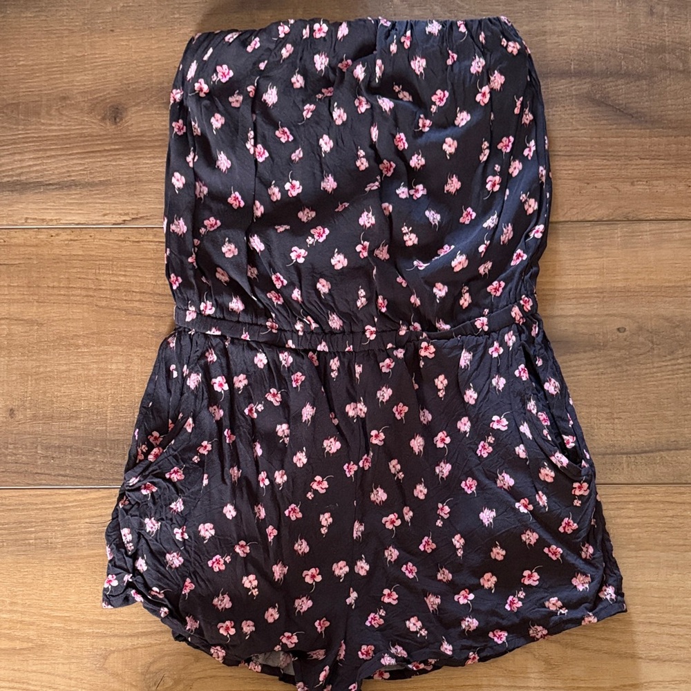 Spiritual Gangster Black Strapless Floral Romper Shorts with Pink Flowers